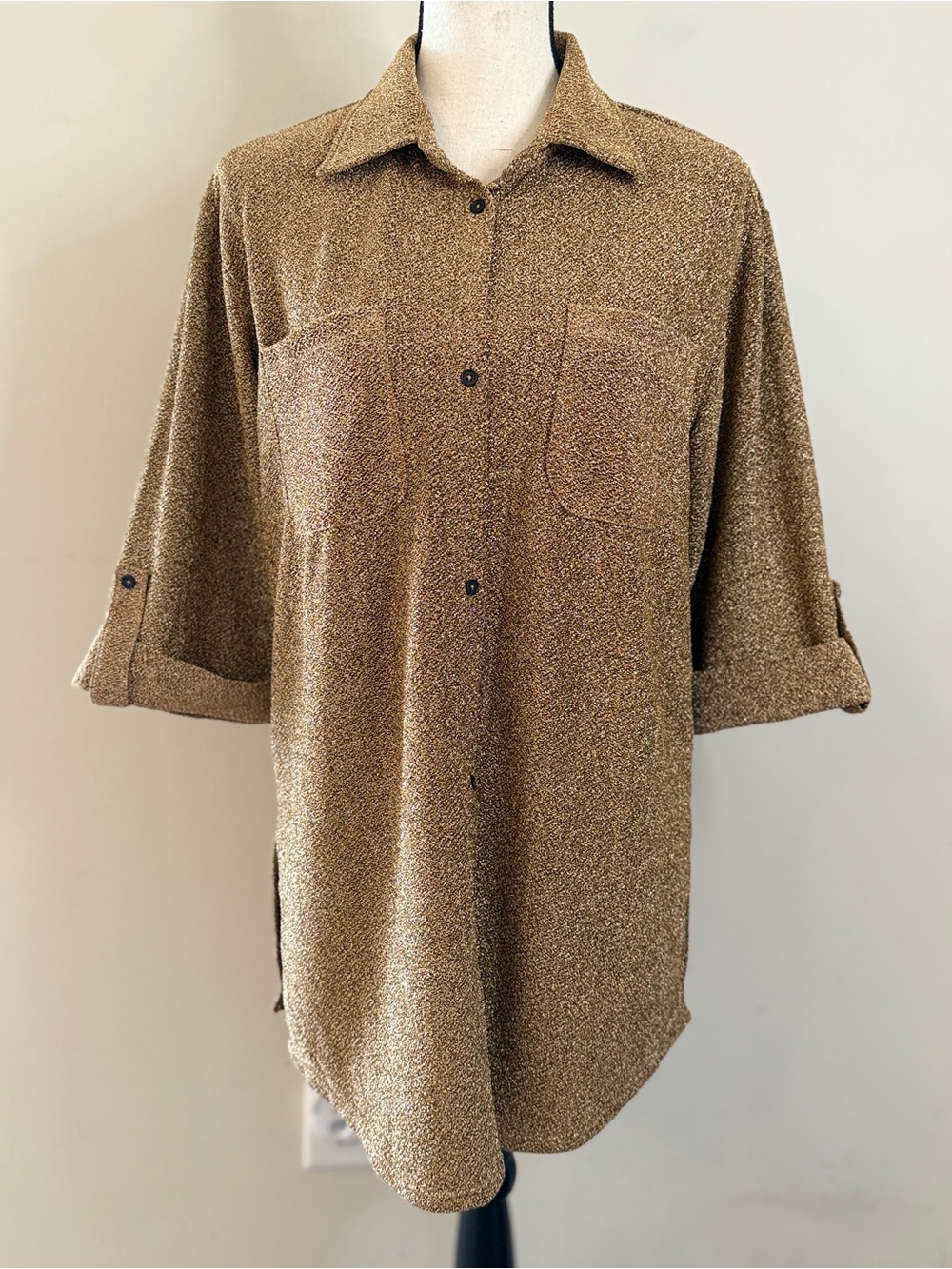 South Beach gold metallic button up elbow top SZ XS